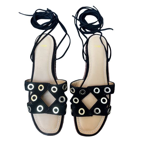 Maje Black Suede Lace Up Flat Sandals Size 40 Grommet Eyelet Detail Boho Resort - Picture 3 of 10